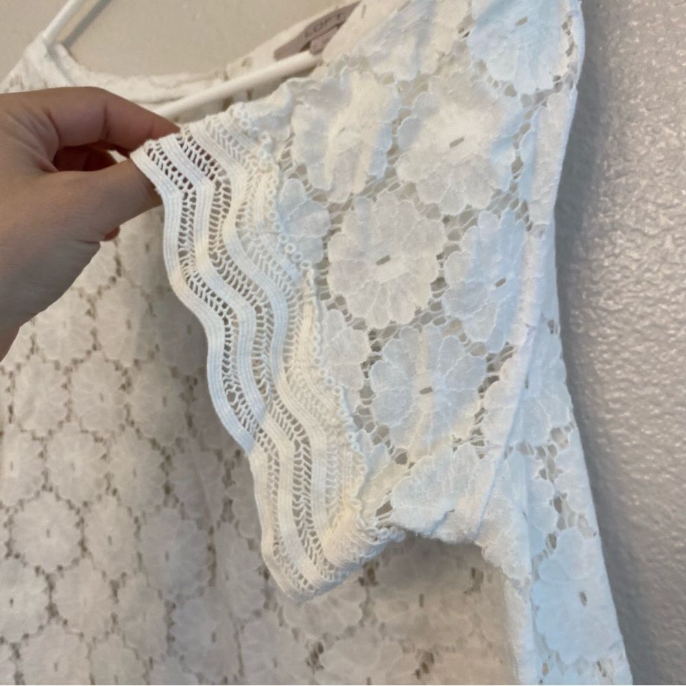 LOFT white lace crochet semi sheer crewneck blouse 
top cotton nylon beachy M - Picture 5 of 9